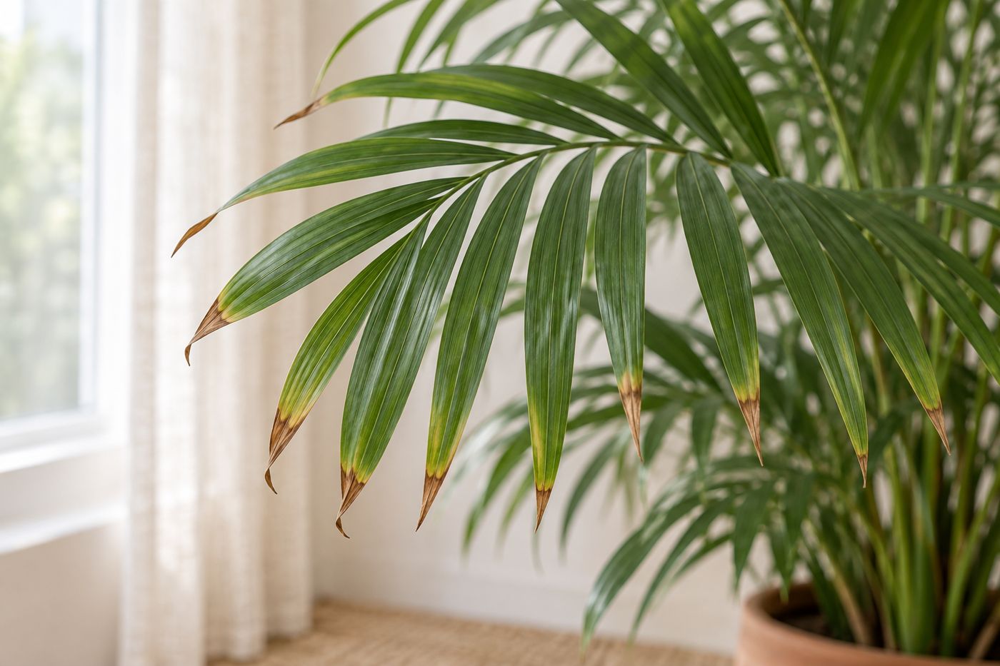 Brown dry tips on parlor palm leaflets