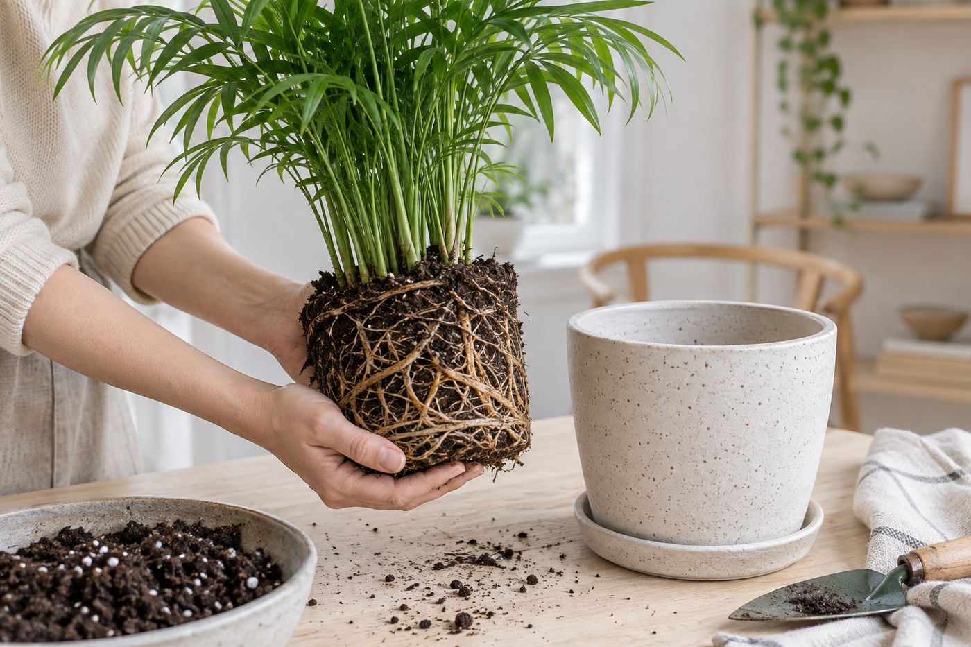 Parlor palm root ball with many canes growing as one clump