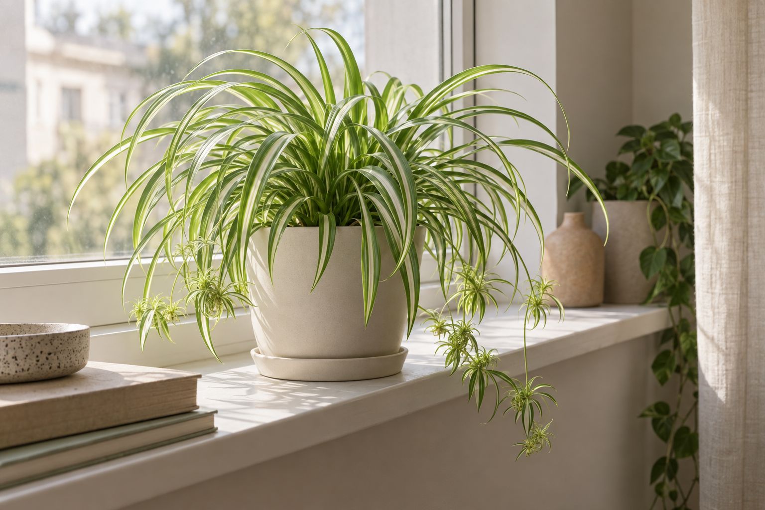 Spider plant with striped leaves and hanging babies in a hanging planter
