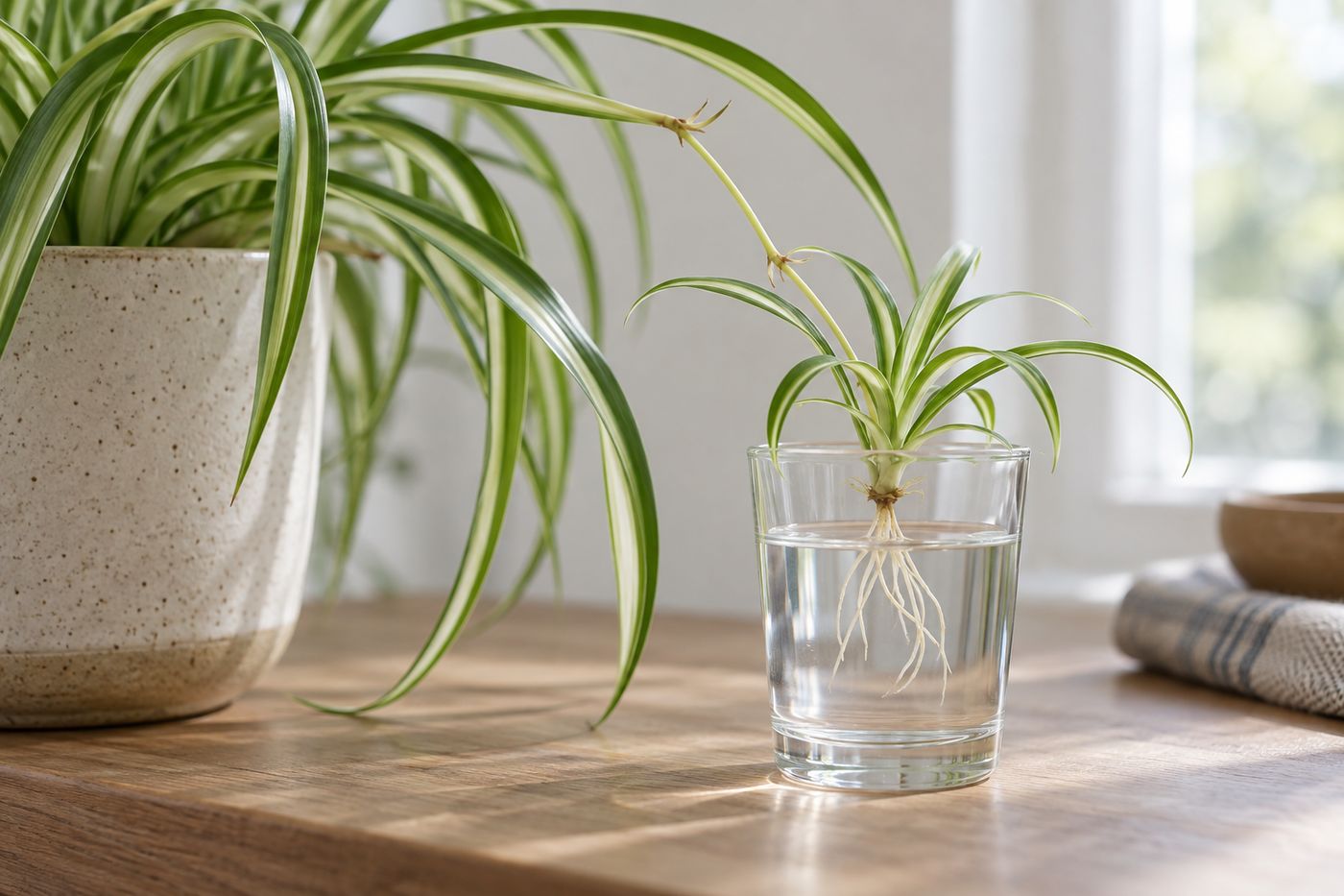 Spider plant baby with roots on a runner, rooting in a glass