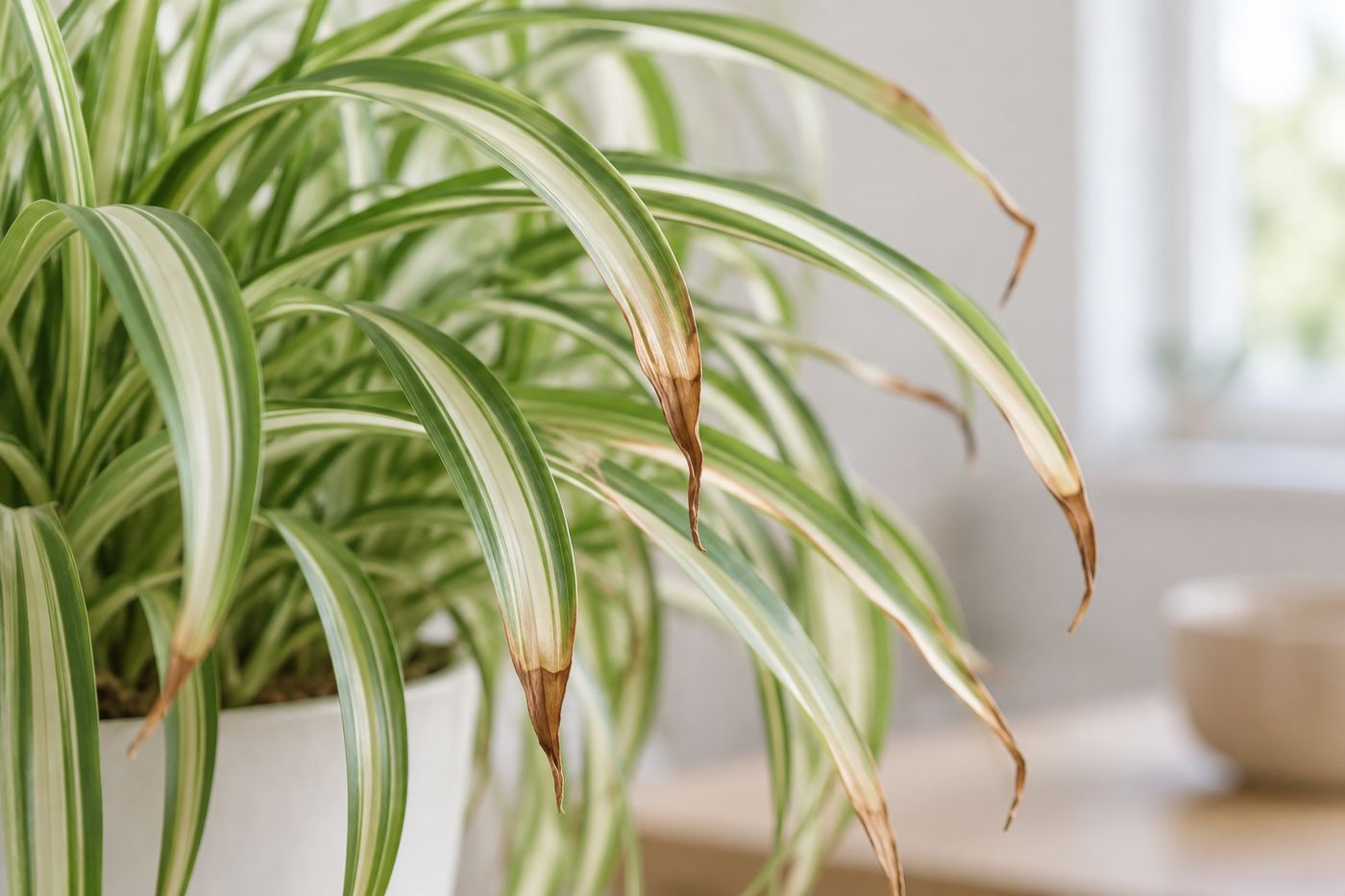 Dry brown tips on spider plant leaves
