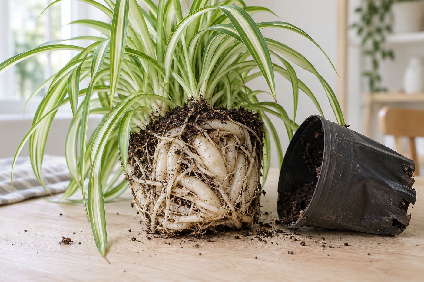 Thick white tuberous spider plant roots filling a pot