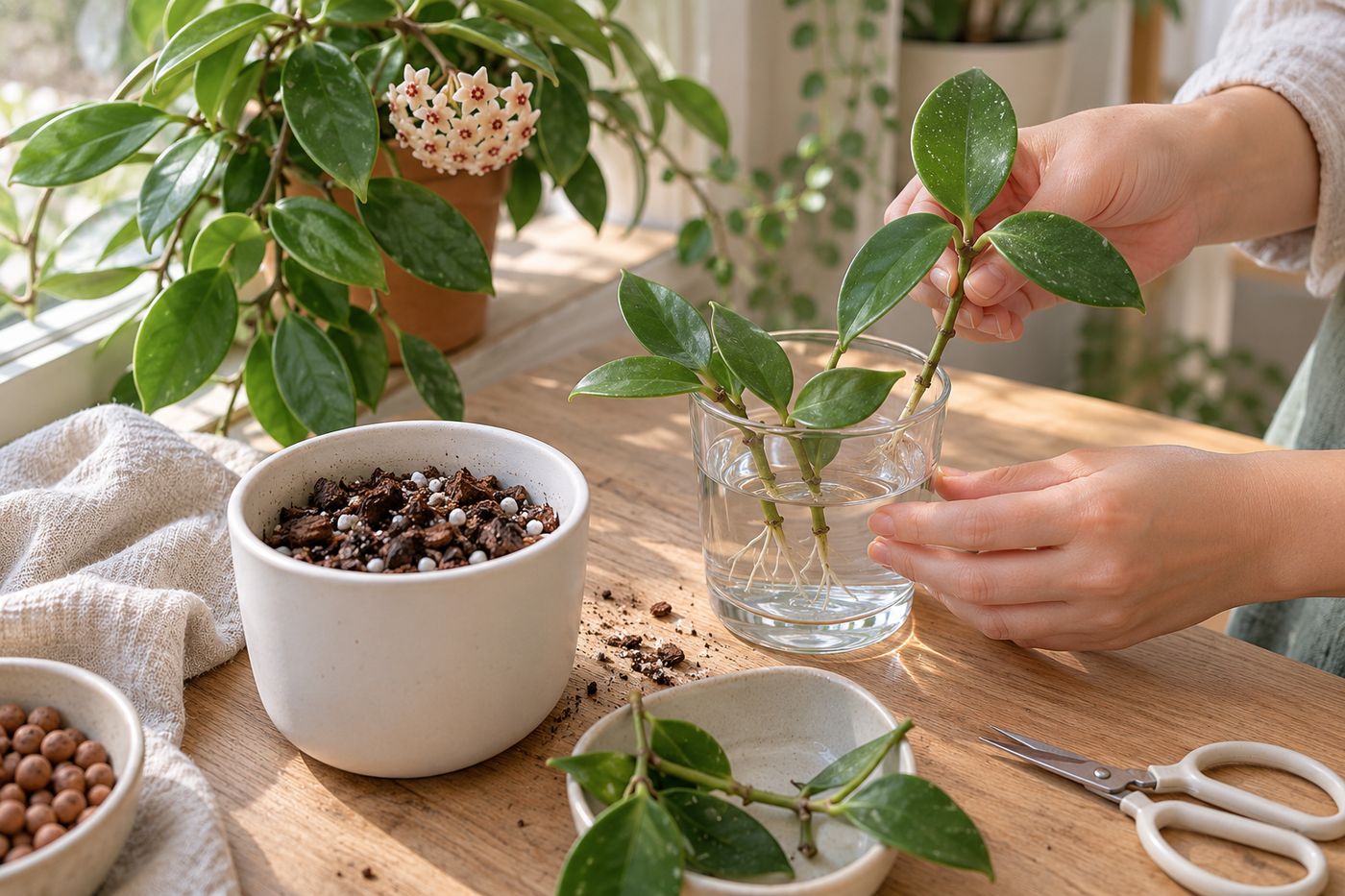 Hoya stem cuttings with nodes rooting in a glass of water