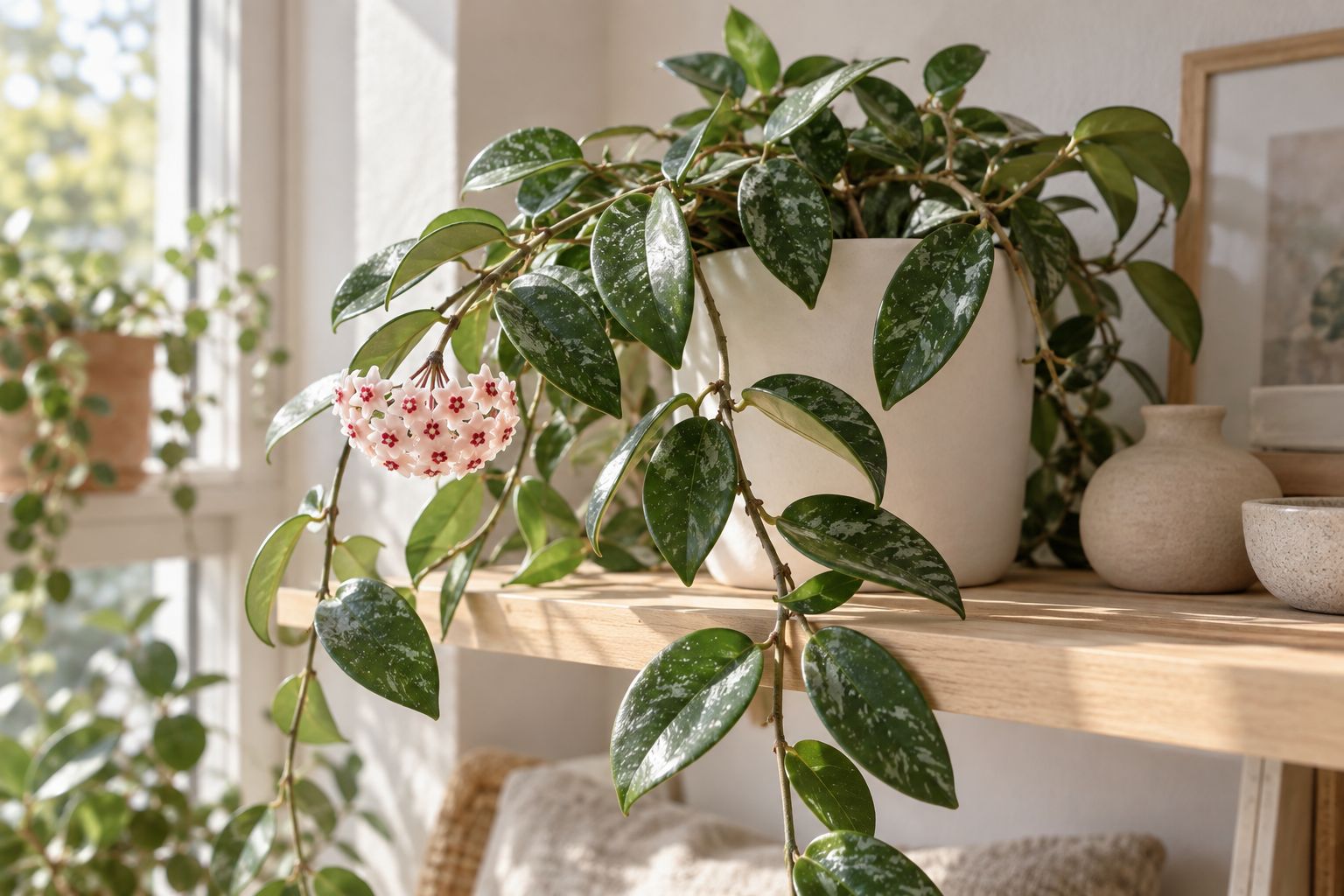 Hoya carnosa vine with thick waxy leaves and a cluster of pink star-shaped flowers by a window