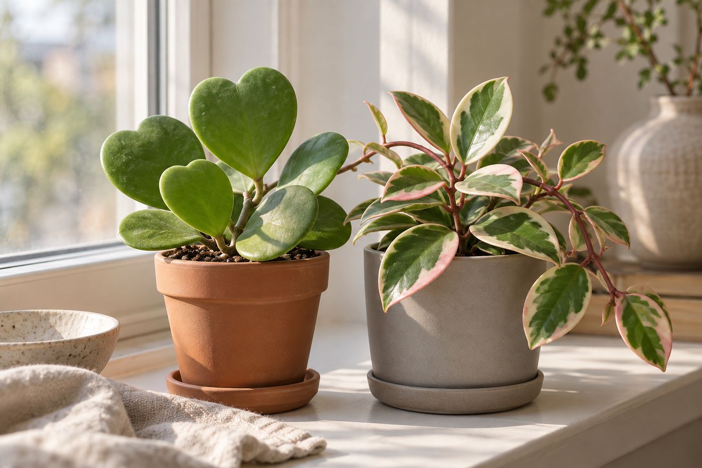 Several hoya types side by side: classic wax plant, curled Hindu rope and heart-shaped leaves