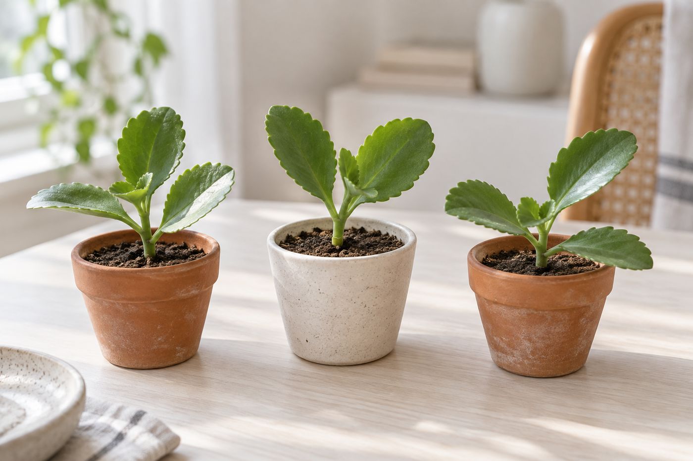 Kalanchoe tip cuttings planted in small pots of dry mix