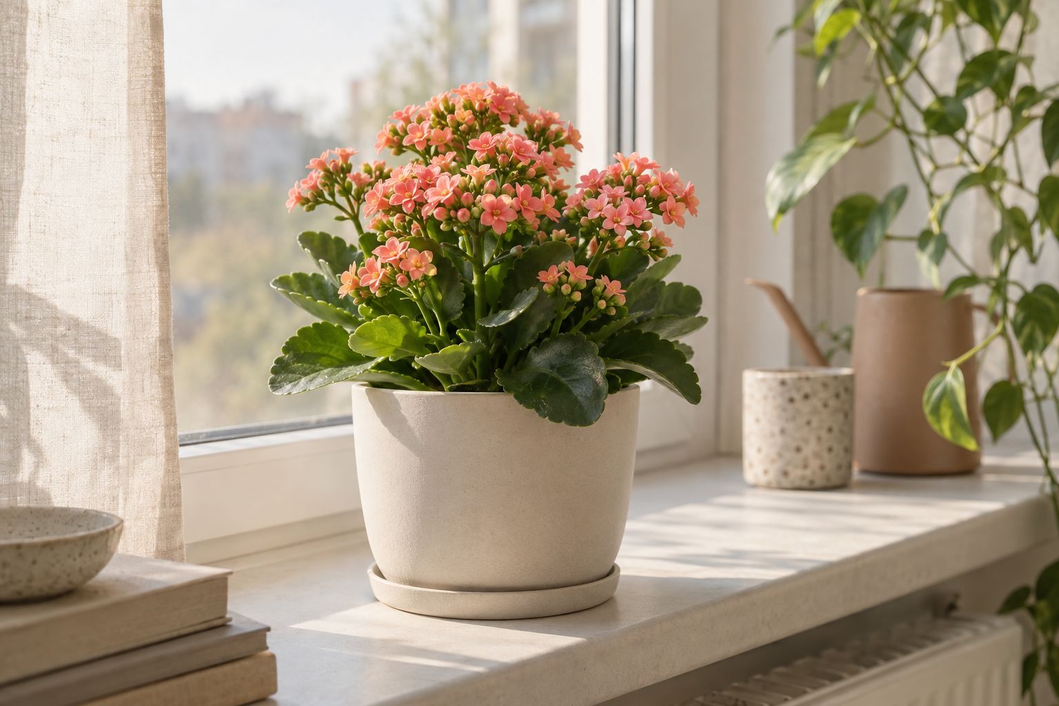 Flowering kalanchoe with pink double blooms in a ceramic pot on a sunny windowsill