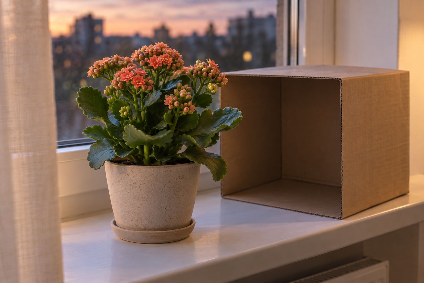 Kalanchoe on a windowsill with a cardboard box used to cover it for the short-day treatment