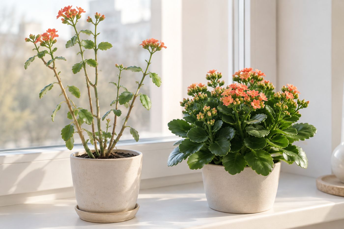 Leggy kalanchoe with long bare stems next to a compact plant