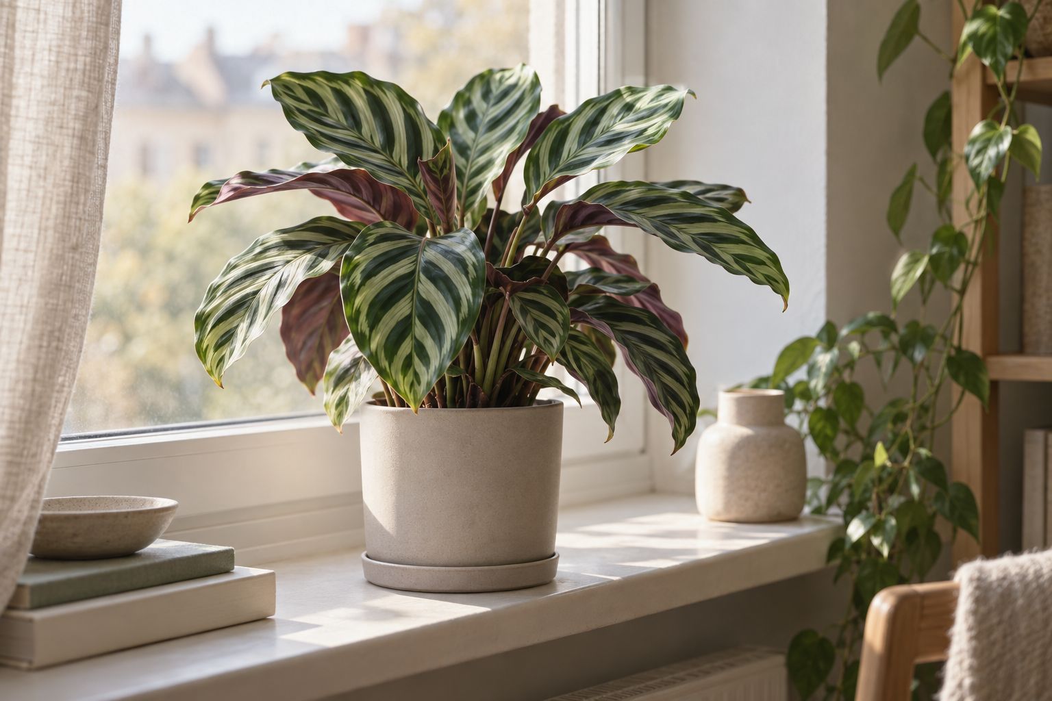 Calathea medallion with patterned leaves and burgundy undersides in a white pot