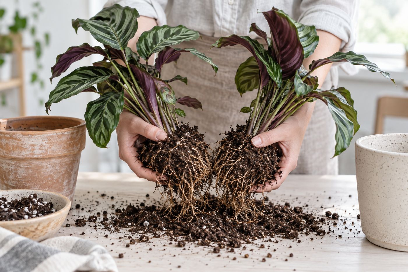 Dividing a calathea rhizome during repotting