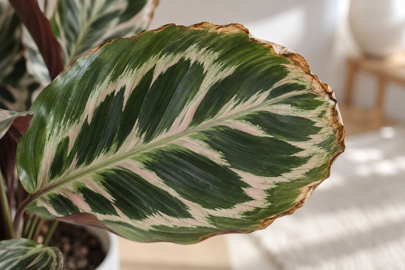 Calathea leaf with dry brown edges