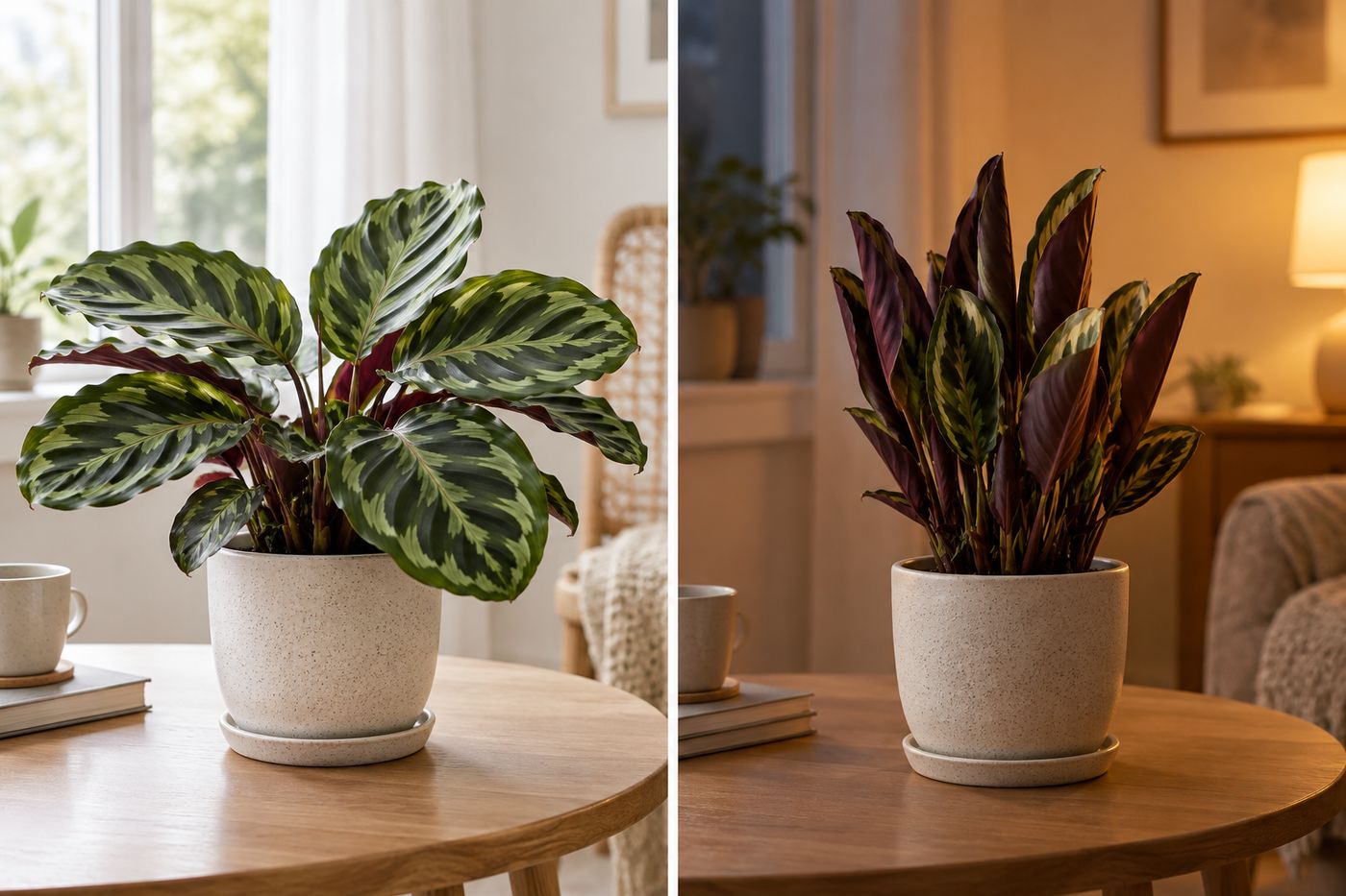 Calathea with leaves open by day and raised upright in the evening