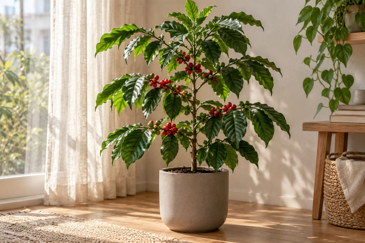 Coffee plant with glossy wavy leaves and red berries in a gray pot by a window