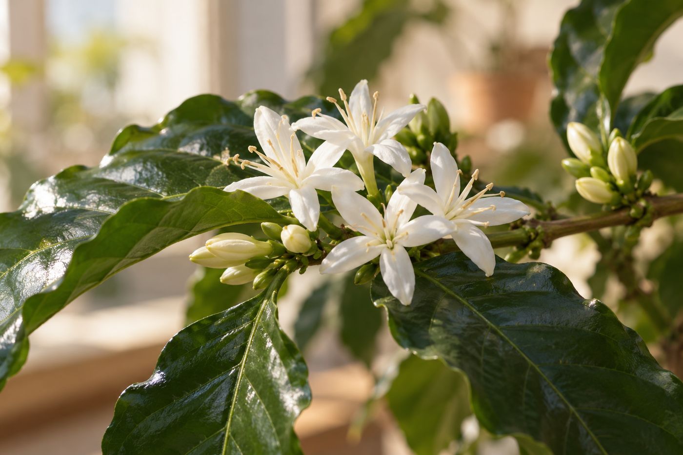 White star-shaped coffee flowers in the leaf joints of glossy leaves