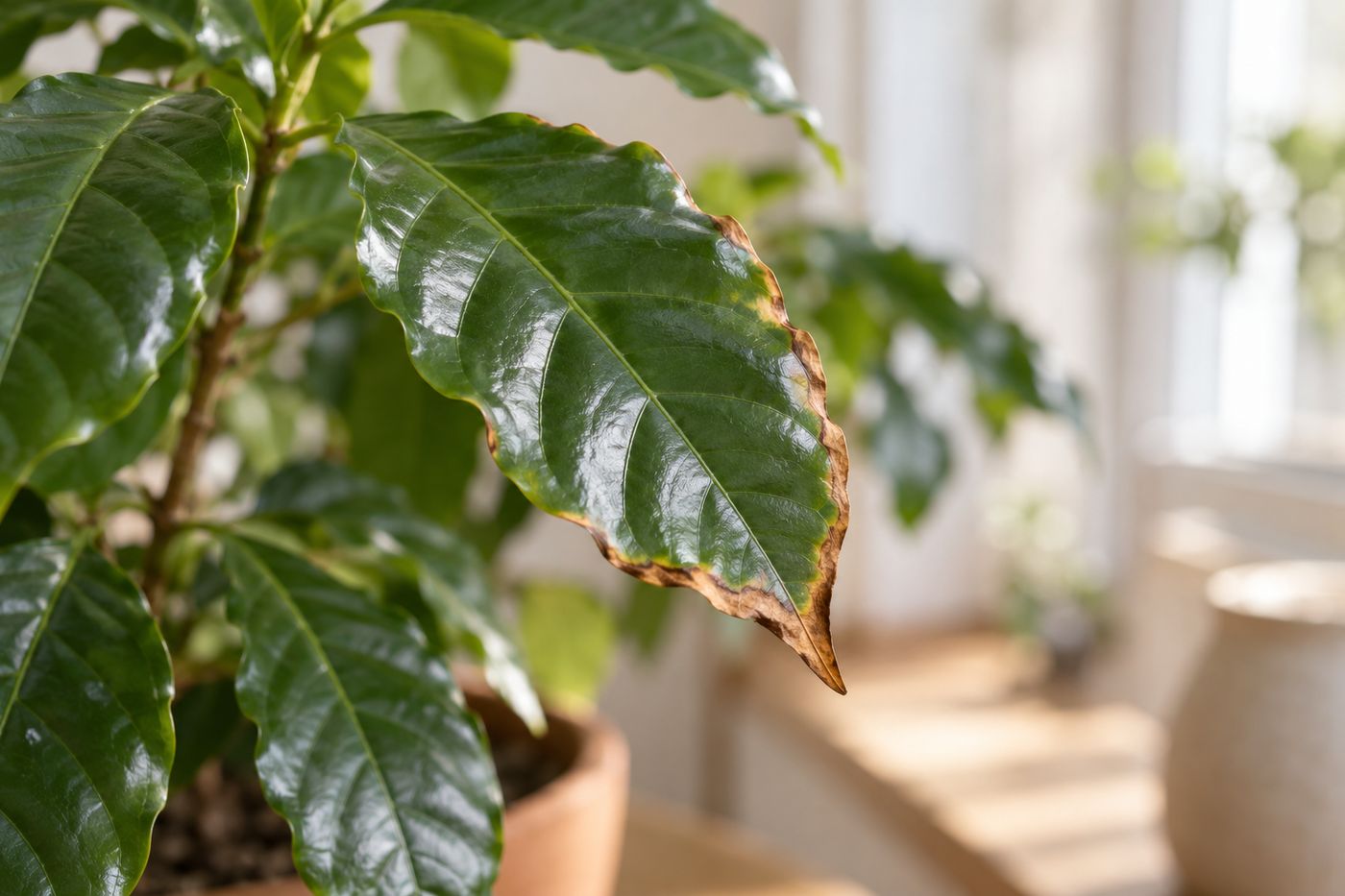 Coffee plant leaf with a brown dry edge next to healthy leaves