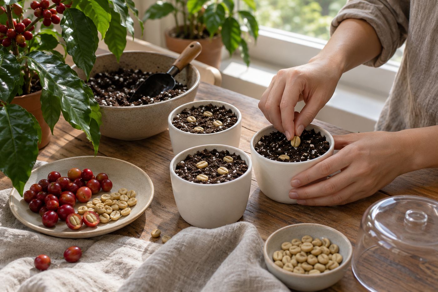 Hands placing fresh coffee seeds into small pots of moist mix