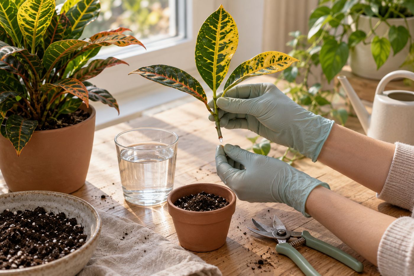 Gloved hands taking a croton tip cutting with milky sap at the cut