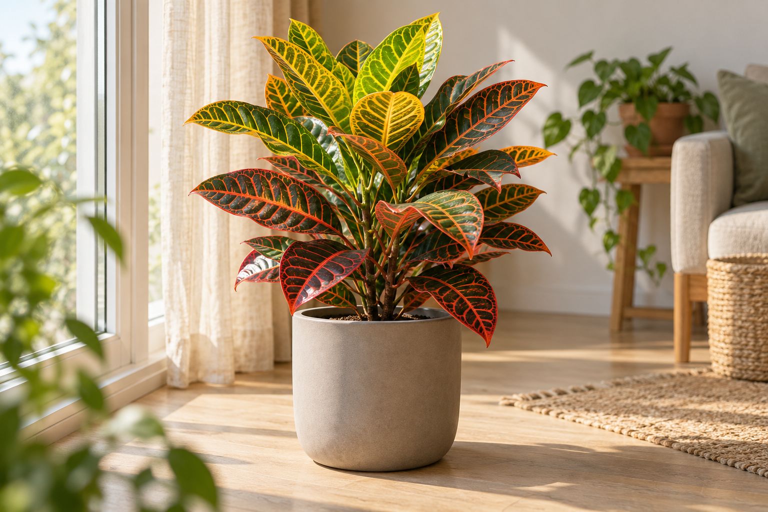 Petra croton with large leathery leaves veined in yellow, orange and red in a gray pot by a window