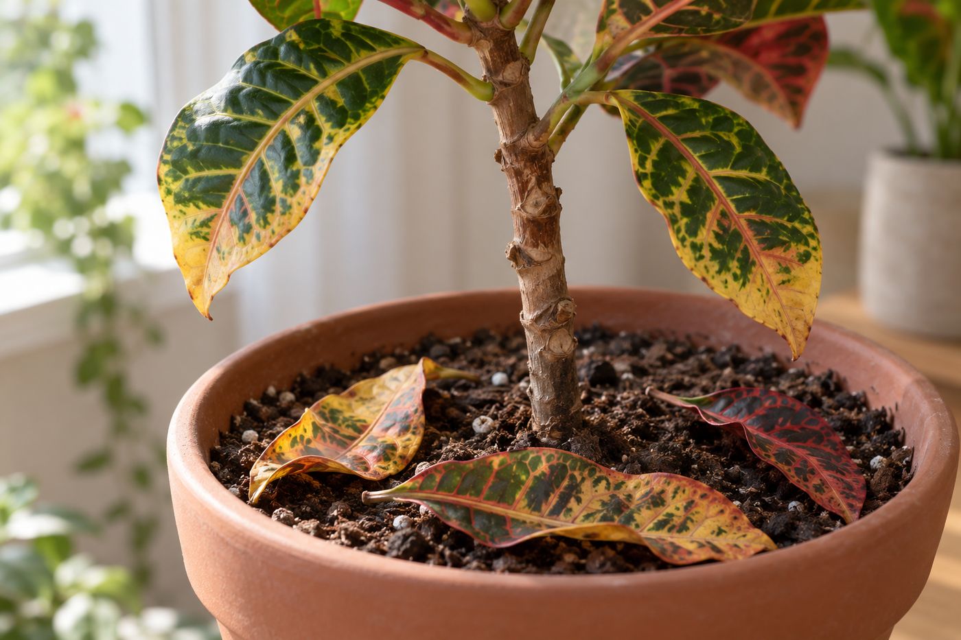 Yellowed lower croton leaves fallen on the soil beside a bare stem