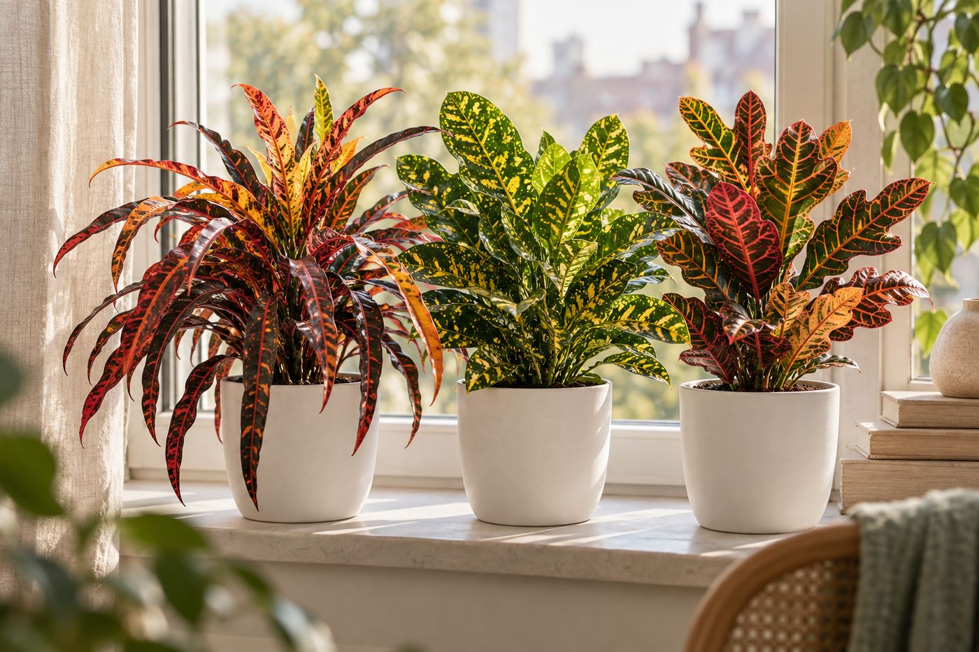 Three croton varieties: narrow-leaf, gold-speckled and oak-leaf