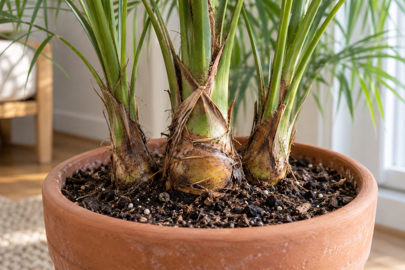 Swollen stem bases of a majesty palm at soil level
