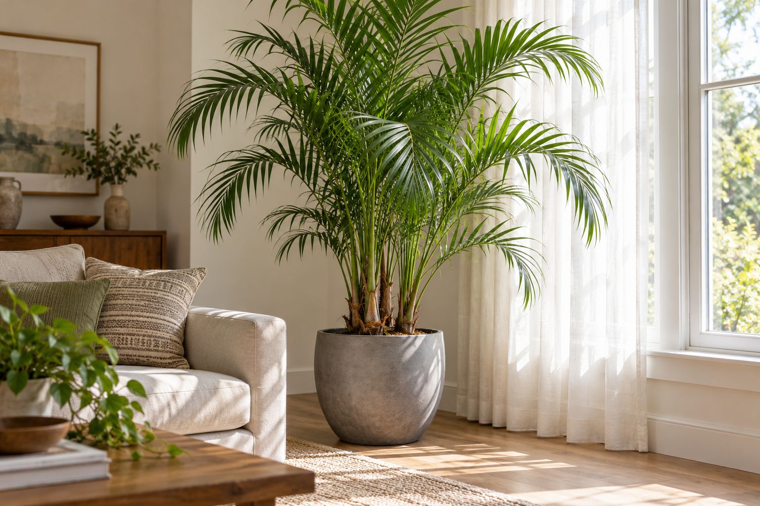 Majesty palm with upright arching dark green fronds in a large pot by a sunny window