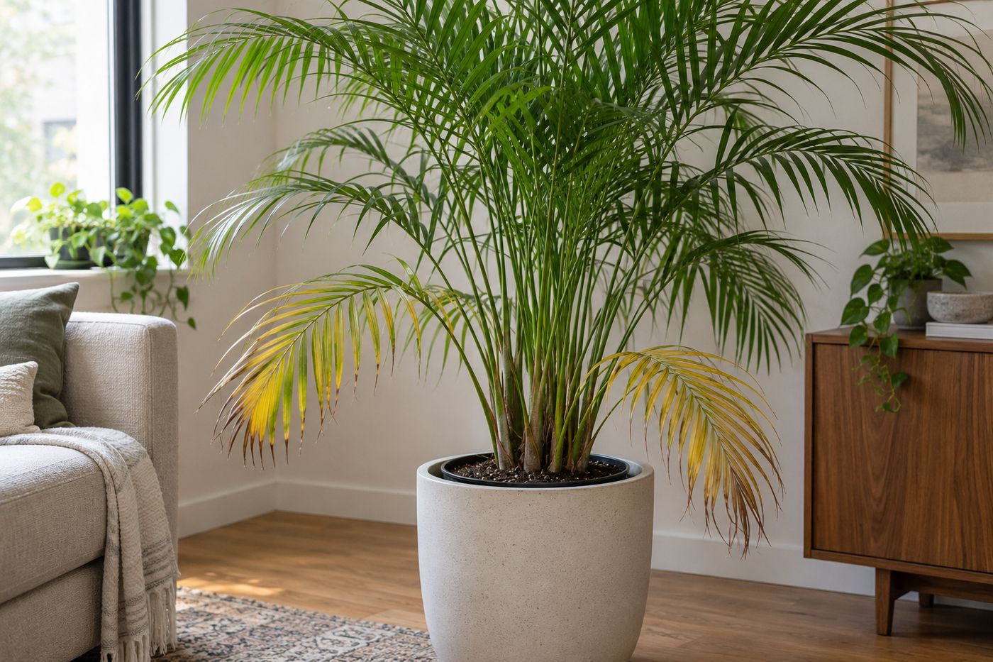 Majesty palm with yellowing lower fronds and brown tips