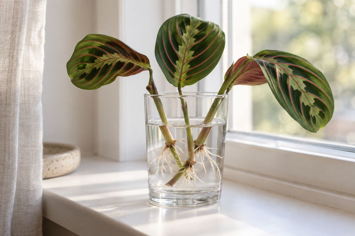Prayer plant cuttings with a node in a glass of water