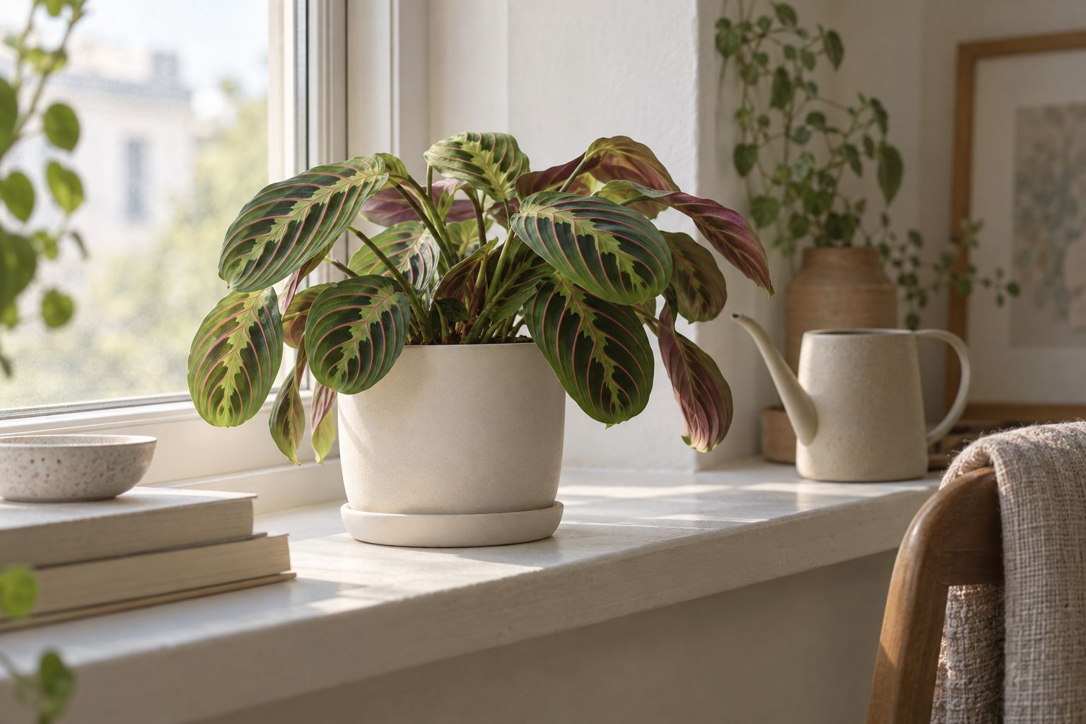 Red-veined prayer plant with red-ribbed oval leaves in a hanging pot