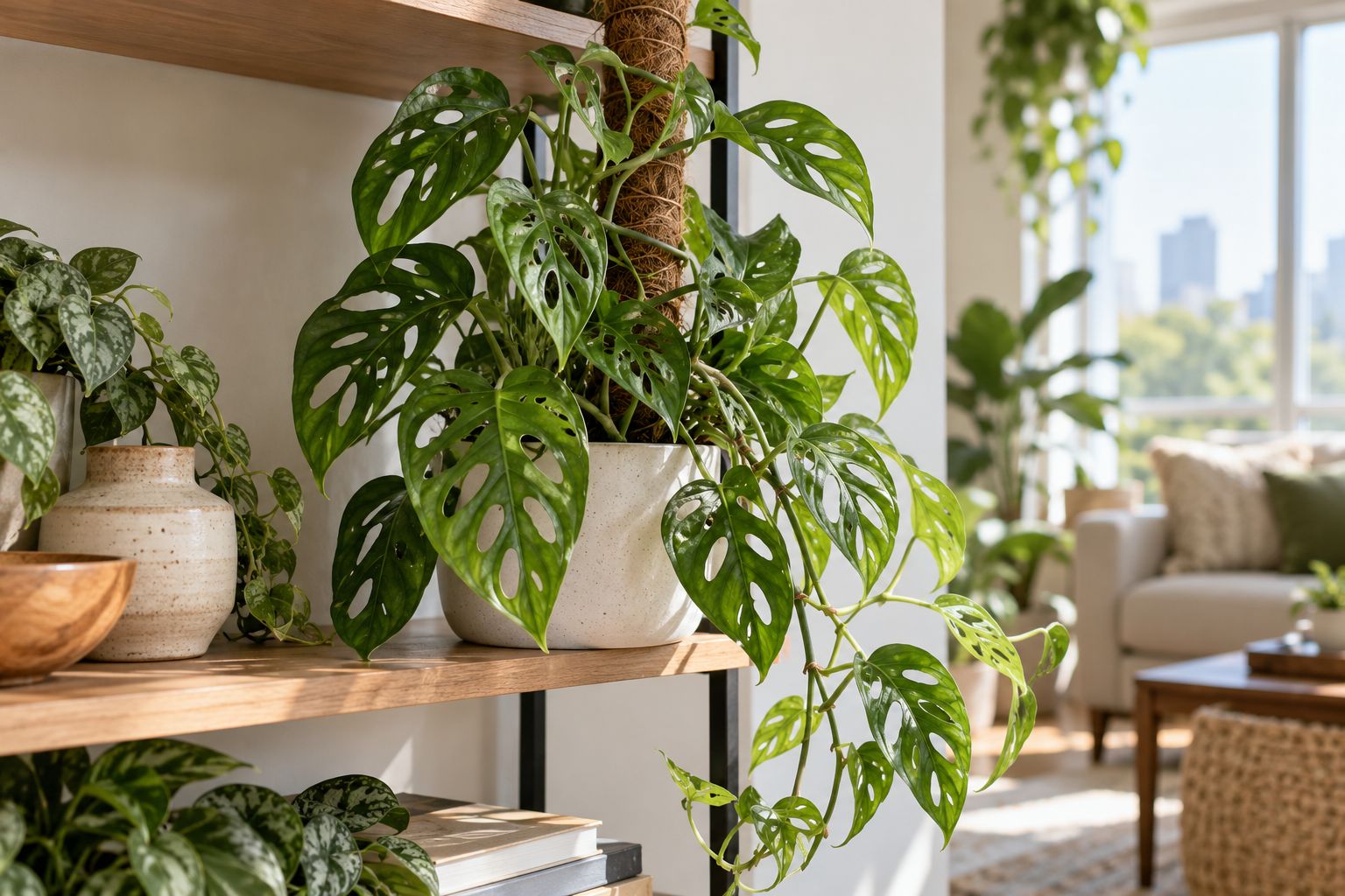 Monstera adansonii vine with perforated leaves trailing from a hanging pot