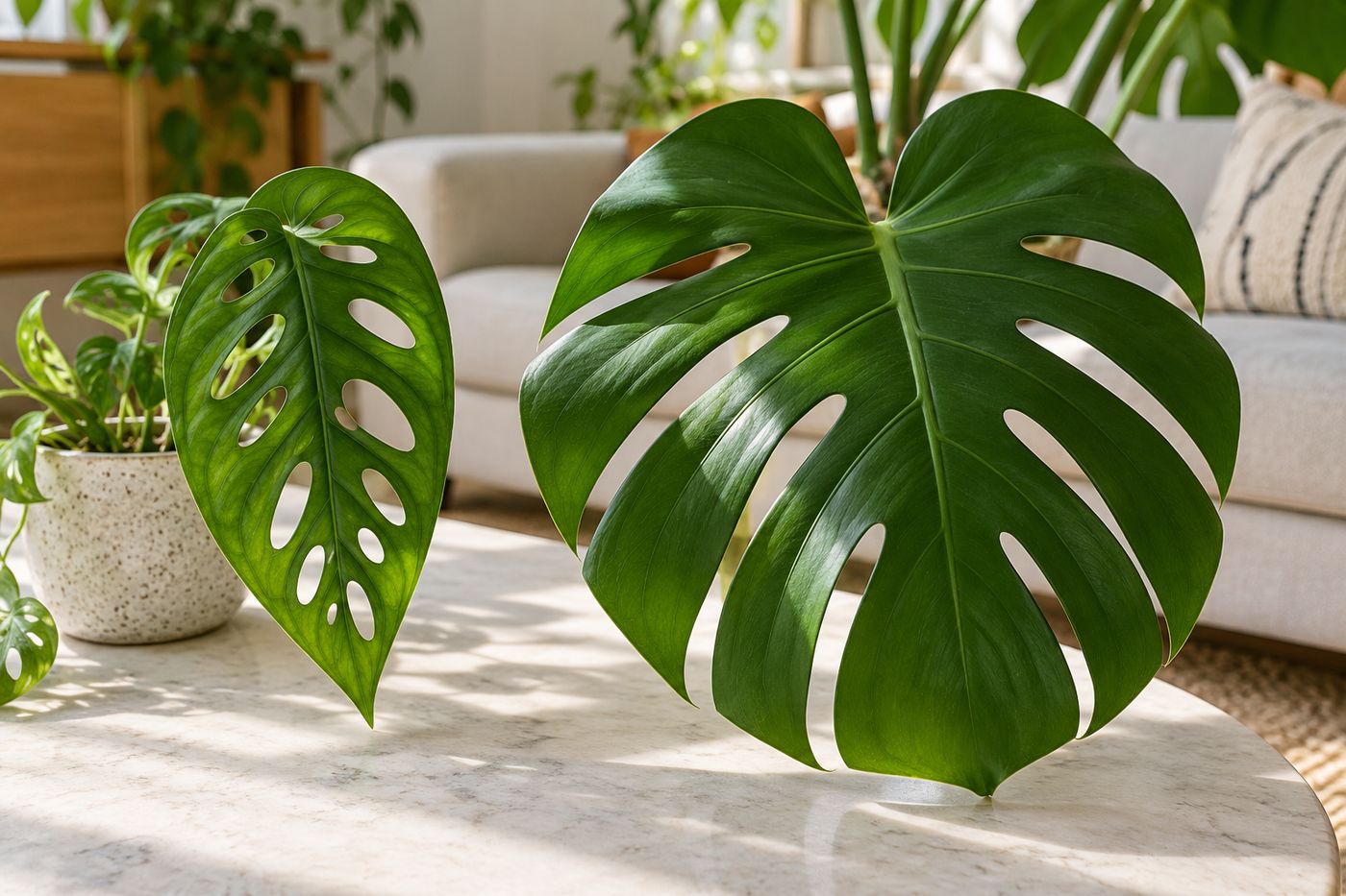 Monstera adansonii leaf with enclosed holes next to a Monstera deliciosa leaf with edge splits