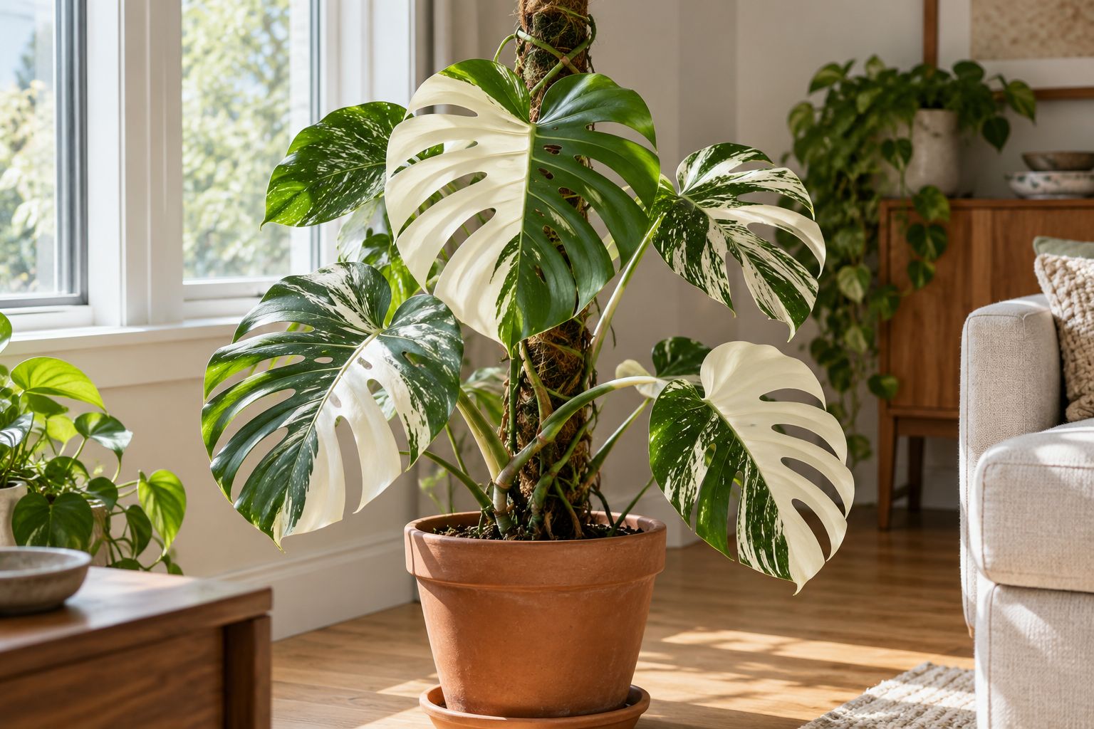 Monstera Albo with white half-moon and marbled variegated leaves on a moss pole