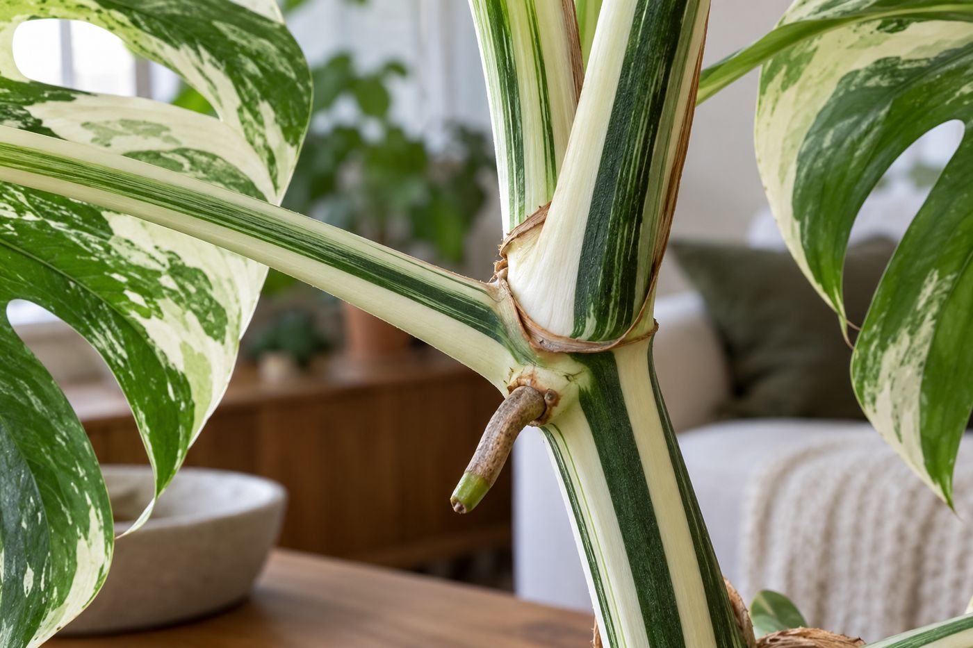 Monstera Albo stem with white stripes at the node