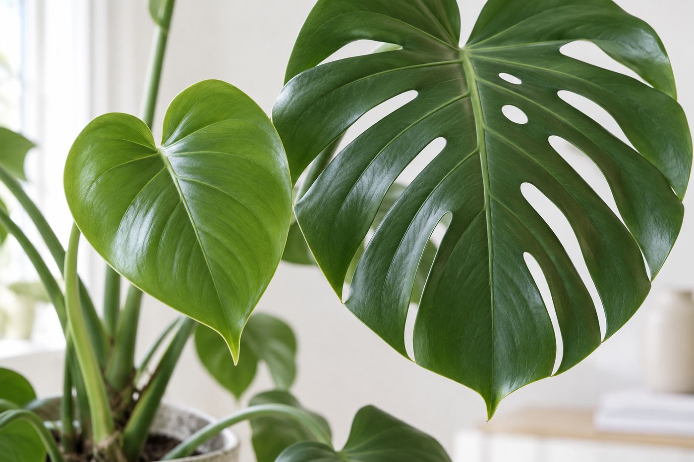 Young solid monstera leaf without holes next to a mature split leaf