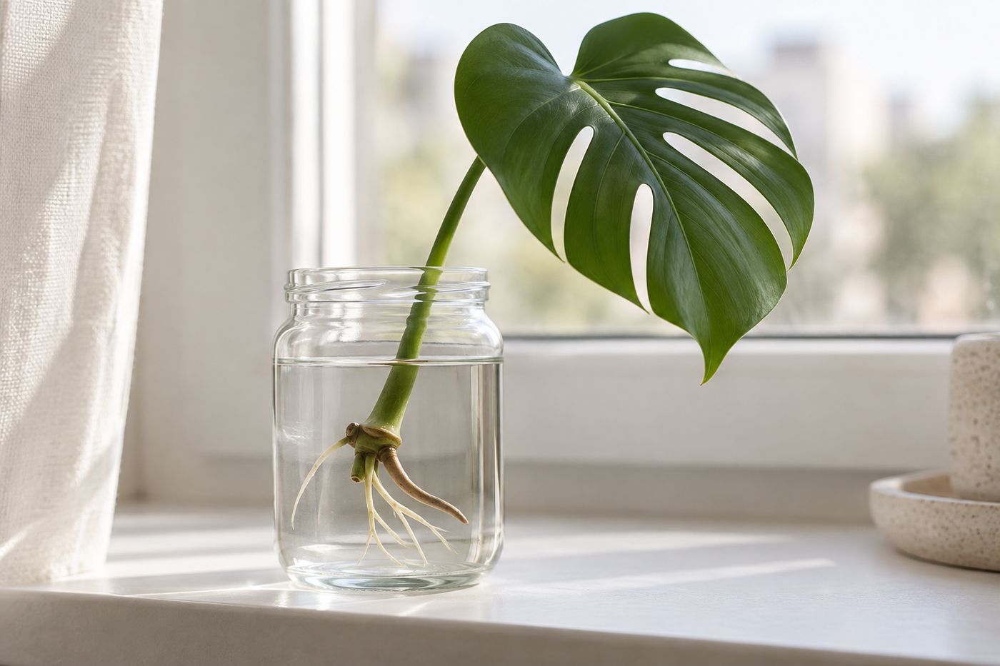 Monstera cutting with a node and aerial root rooting in a jar of water