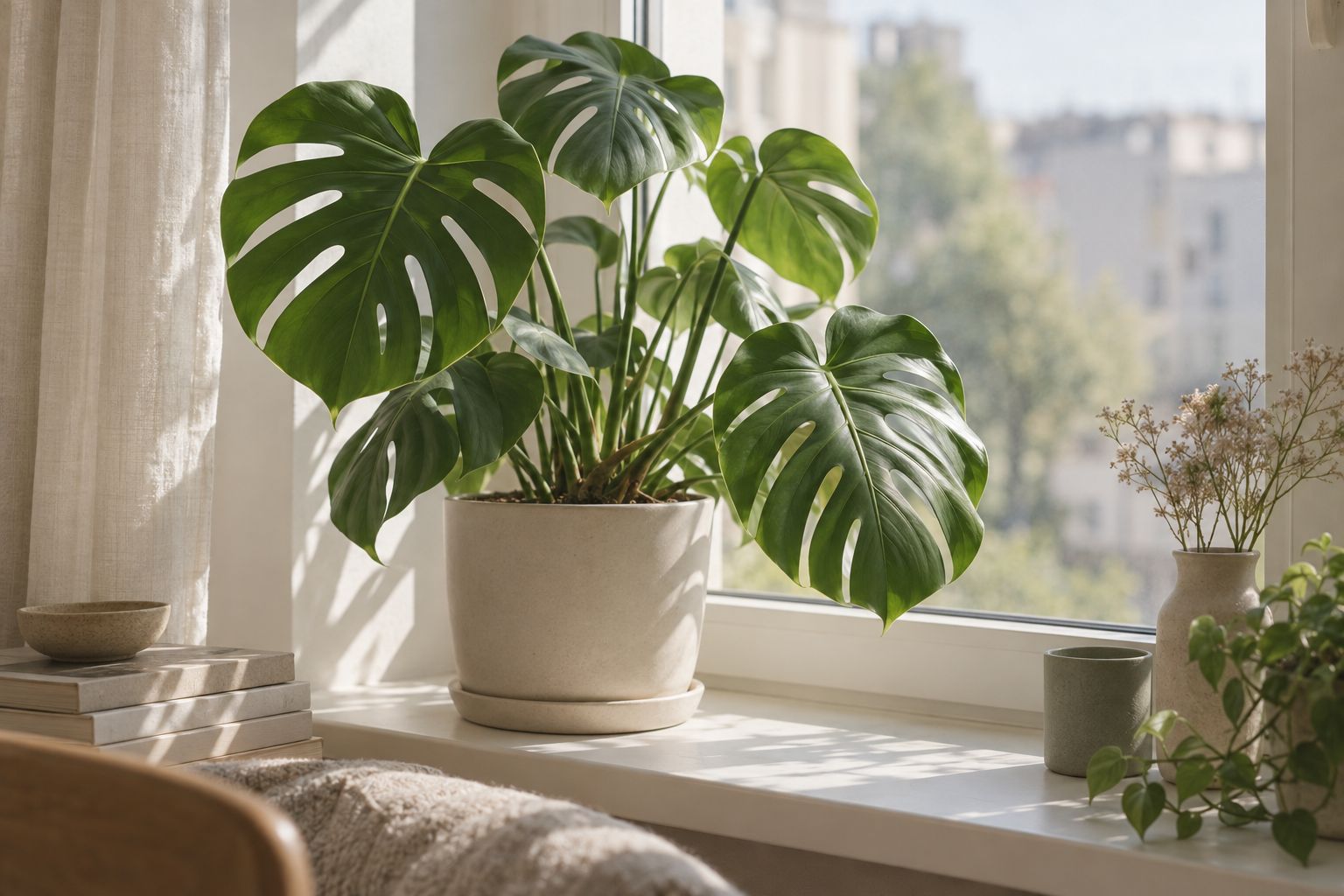 Large Monstera deliciosa with split, fenestrated leaves on a coir moss pole in a white pot