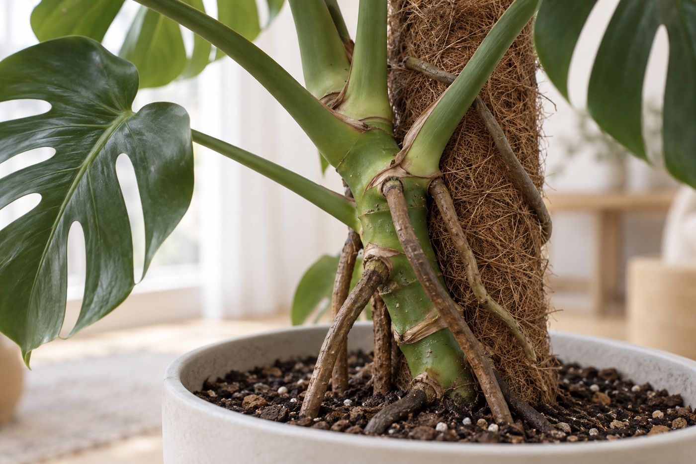 Monstera aerial roots trained into the pot and onto a coir pole