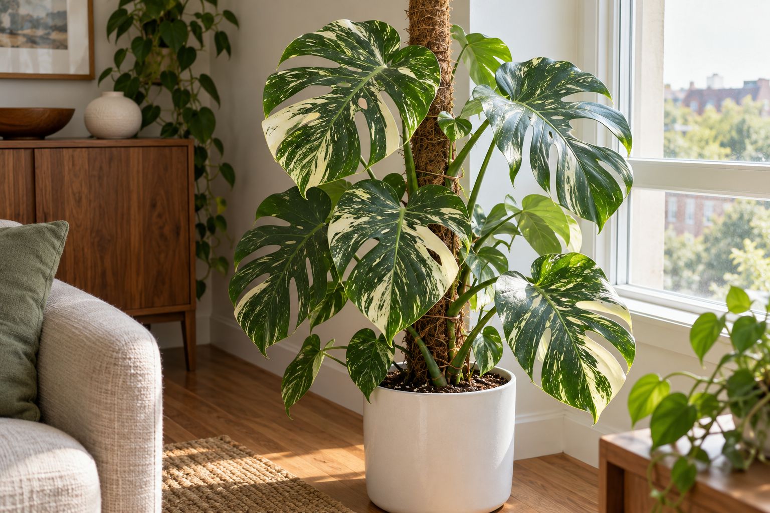 Monstera Thai Constellation with cream-speckled split leaves on a moss pole