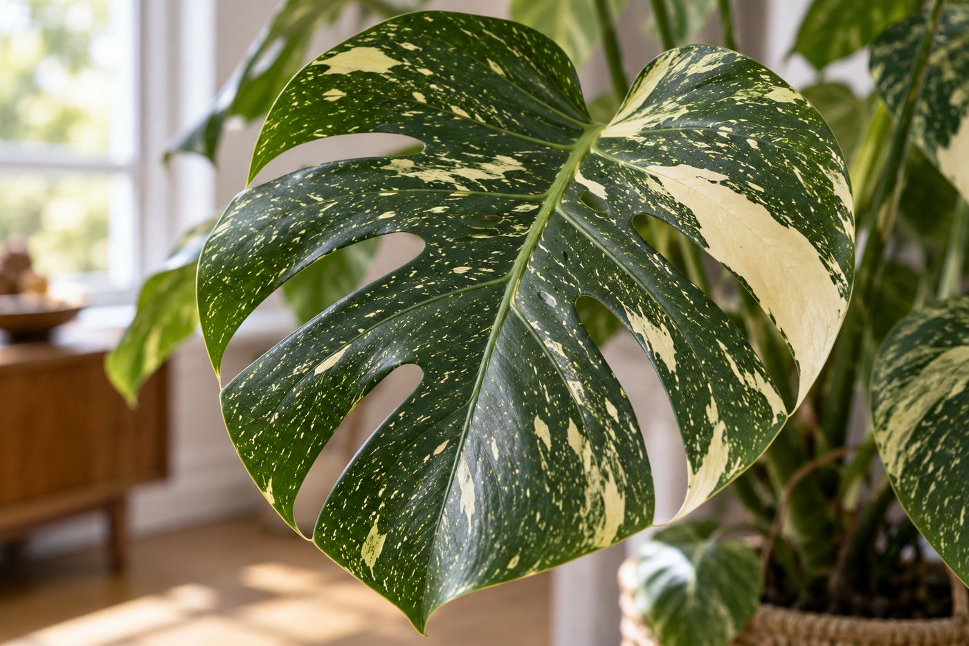 Close-up of a Thai Constellation leaf with fine cream speckles and cream sectors