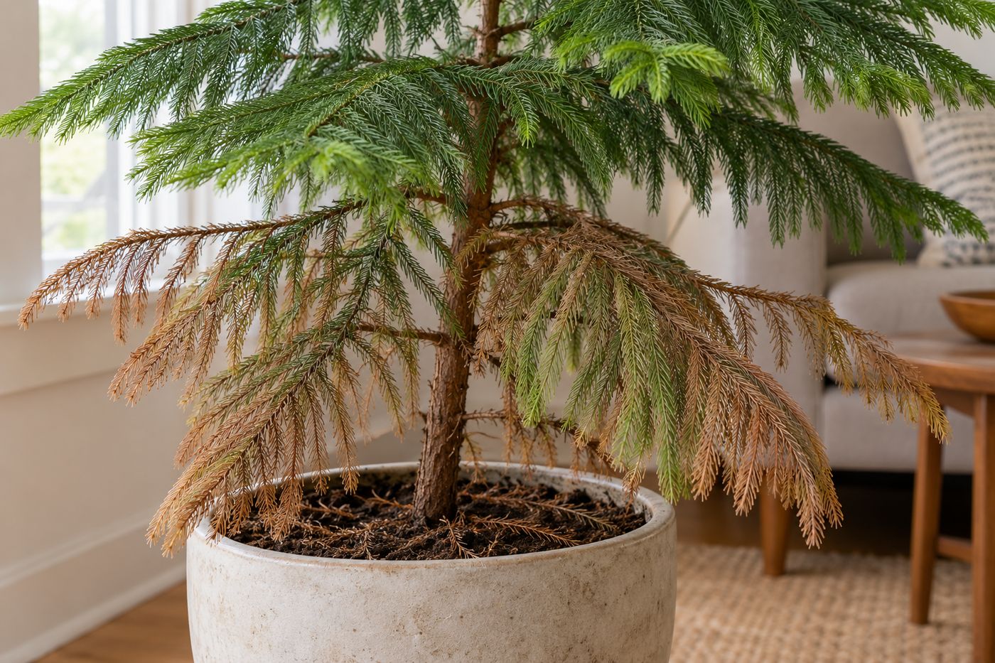 Lower branches of a Norfolk pine turning brown and drooping
