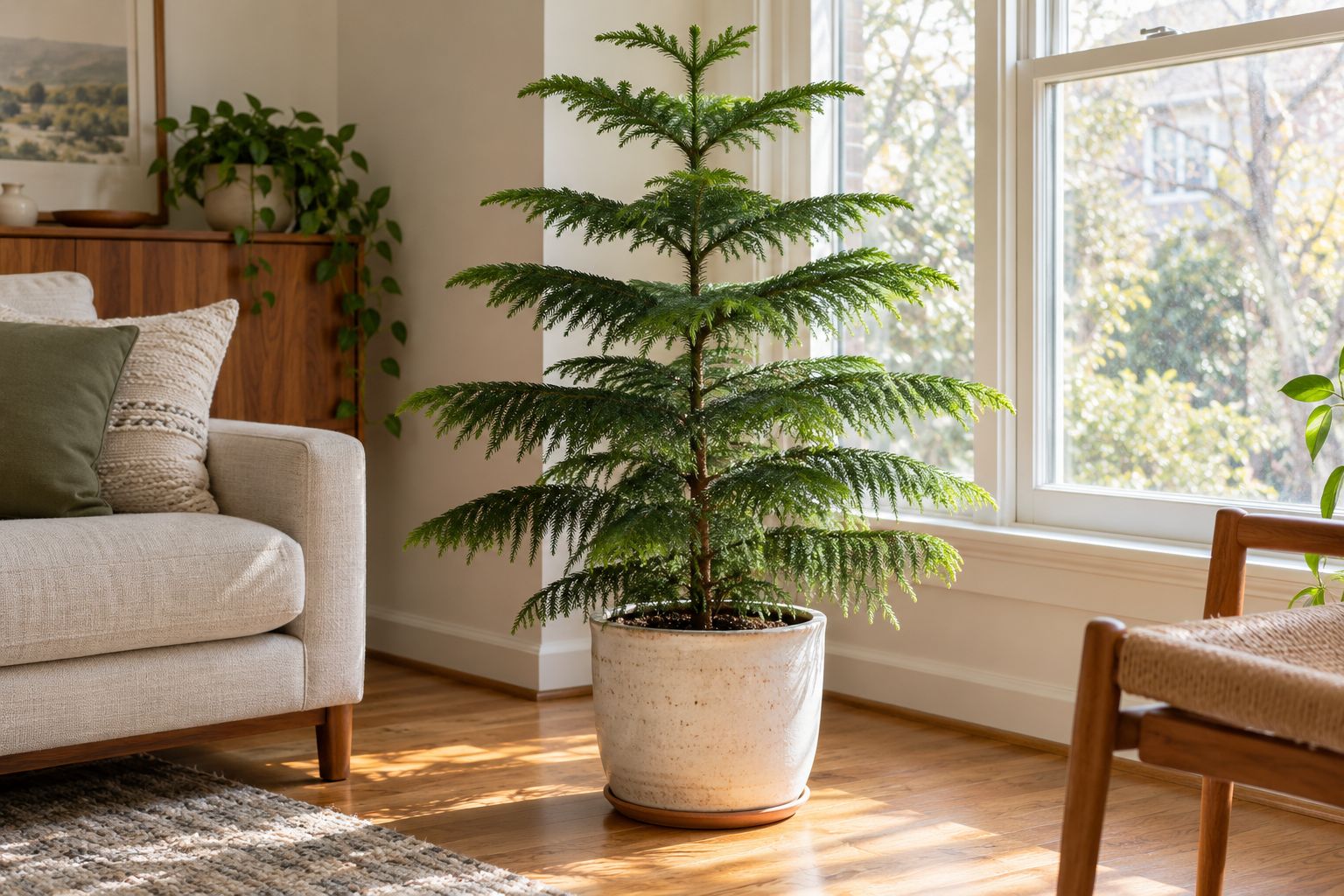 Norfolk Island pine with tiered horizontal branches in a pot beside a bright window