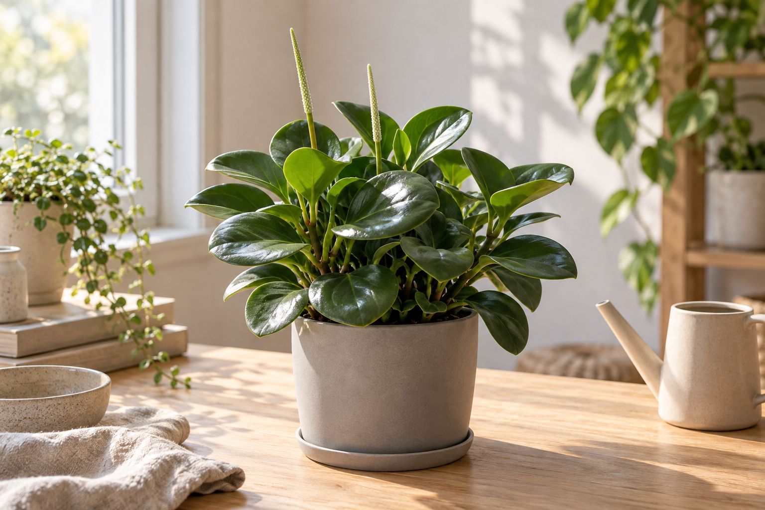 Peperomia obtusifolia with thick glossy rounded leaves in a gray matte pot on a table by a window