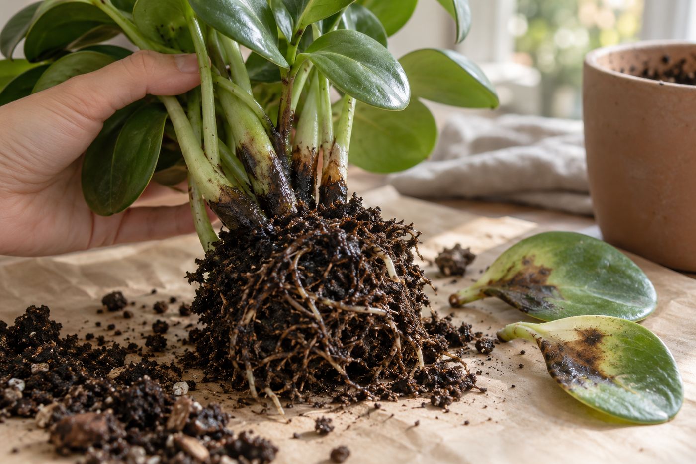 Peperomia stem base with blackened soft patches and fallen leaves from rot
