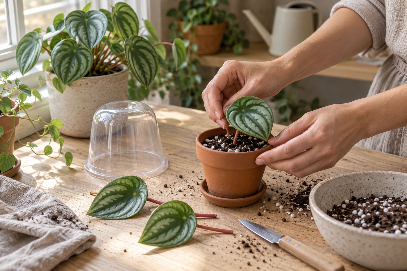 Hands planting a peperomia leaf with its stalk into a small pot of light mix
