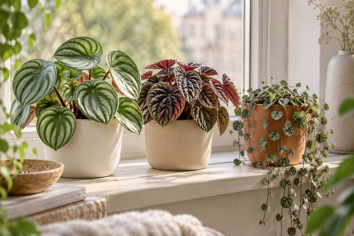 Watermelon, ripple and string of turtles peperomias in small pots on a windowsill