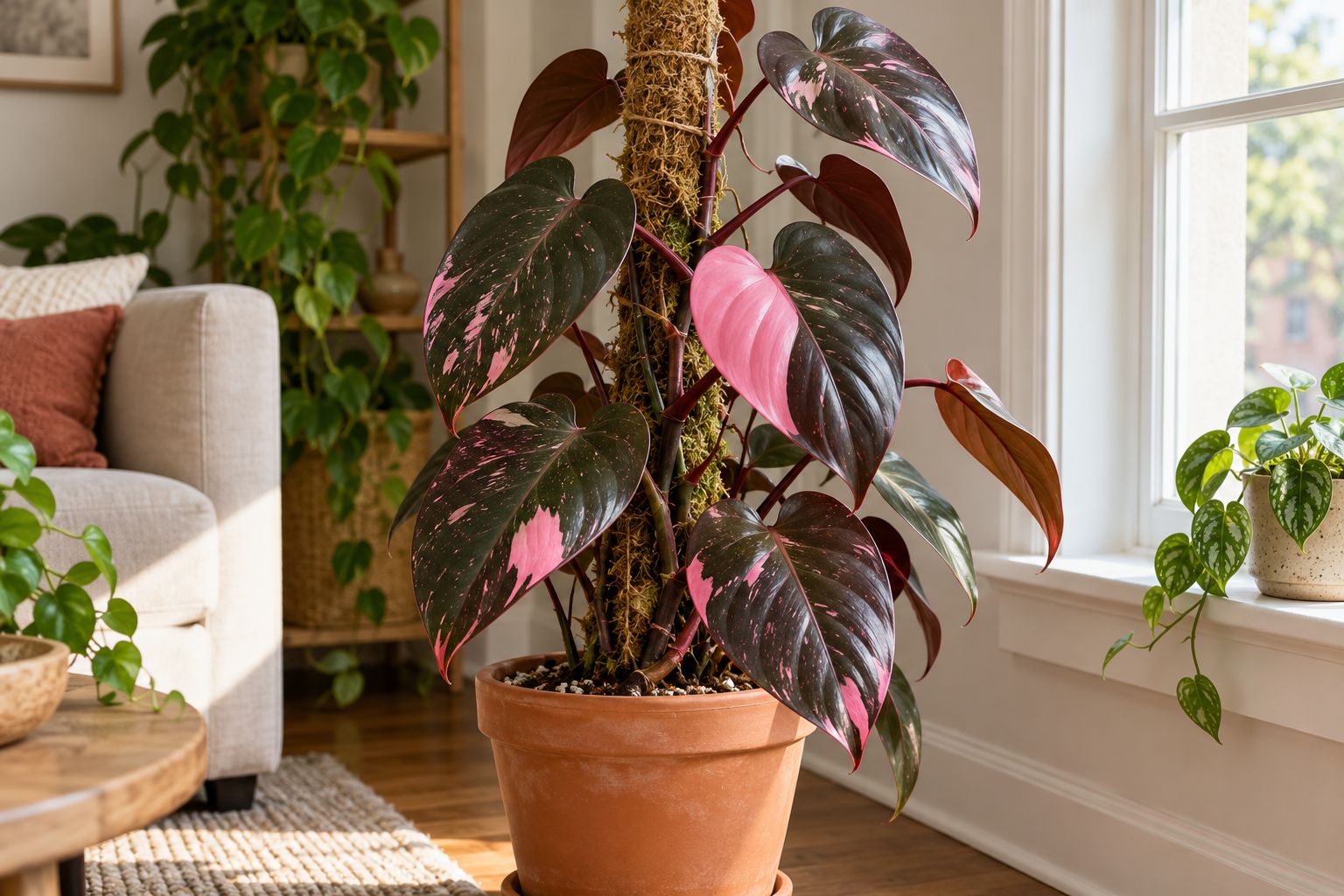 Pink Princess philodendron with dark leaves splashed bright pink climbing a moss pole