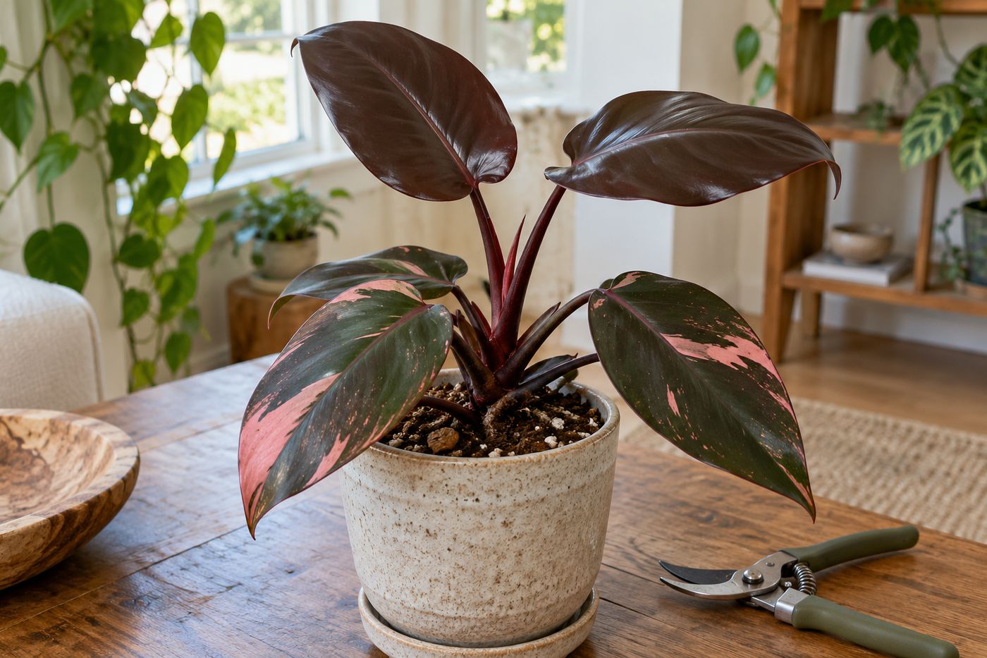 Pink Princess stem with older pink leaves and newer all-dark leaves