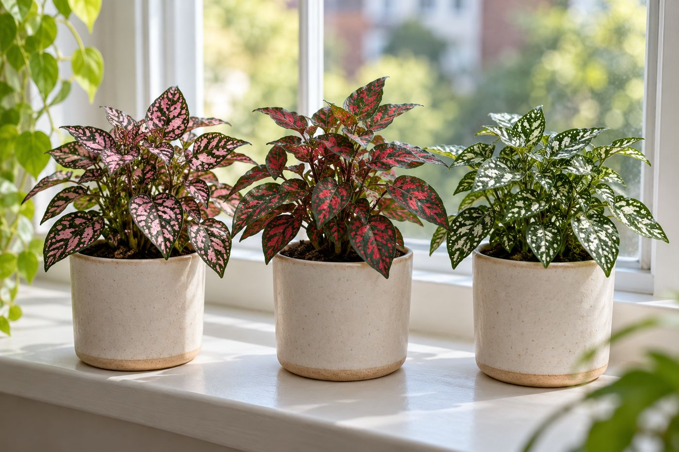 Three polka dot plants with pink, red and white spotted leaves side by side