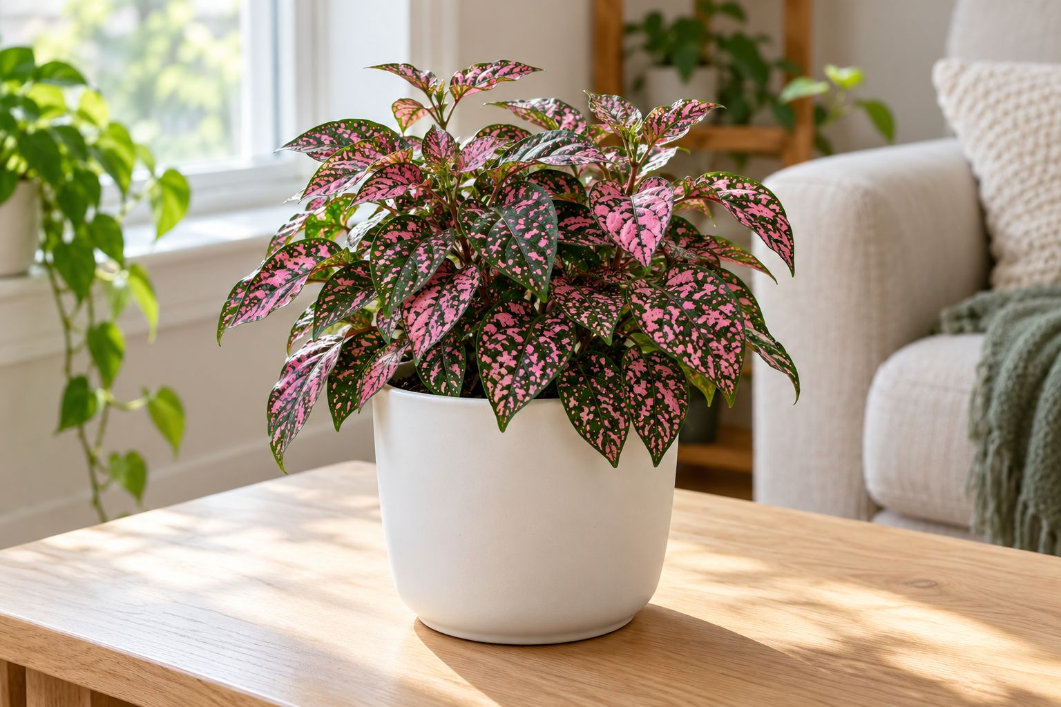 Bushy pink polka dot plant with green leaves heavily splashed in pink in a white pot